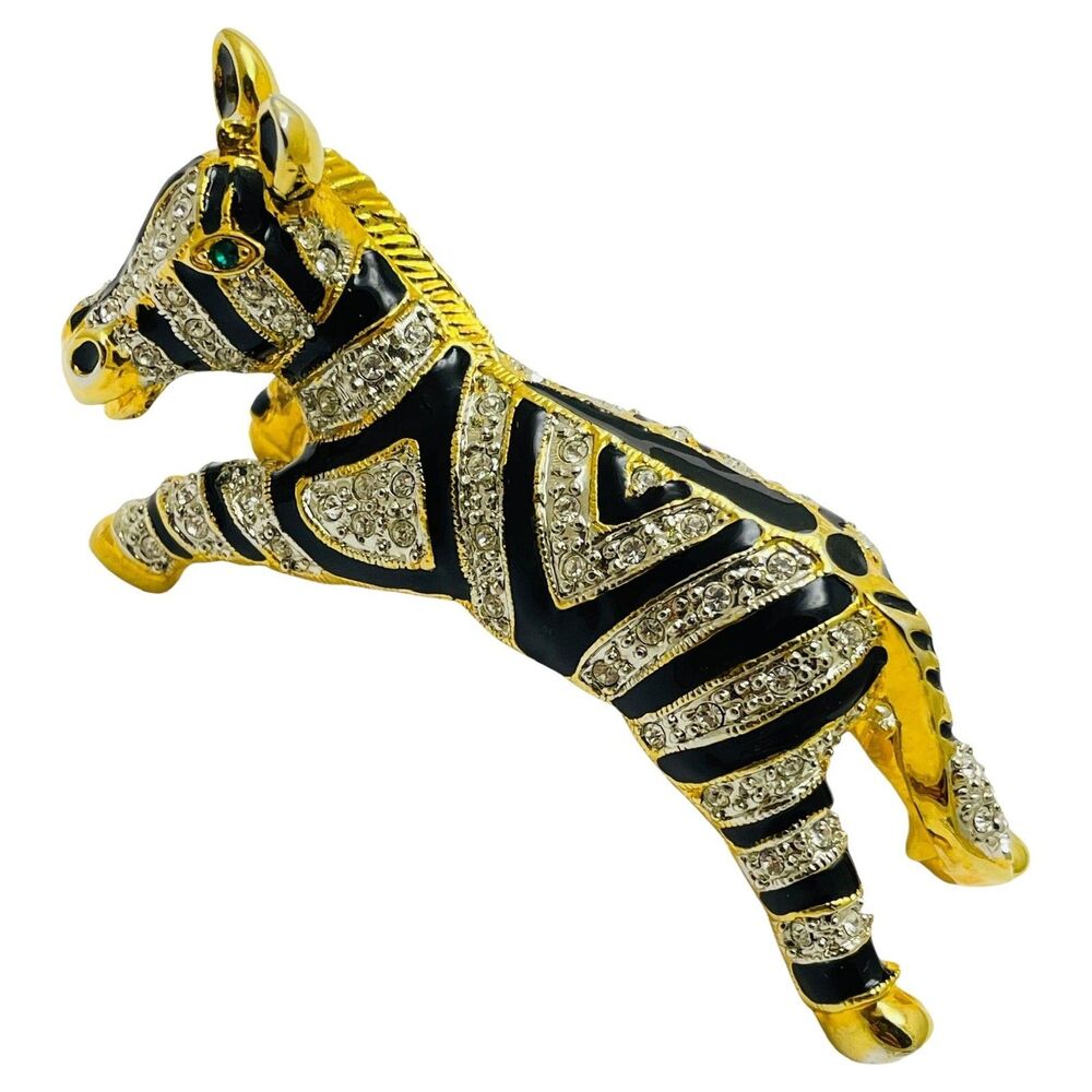 Vintage gold tone enamel rhinestone green eyes zebra designer brooch